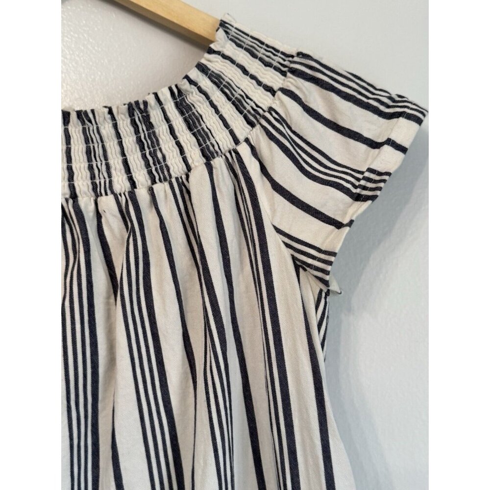 Marine Layer Women’s Large Striped Smocked Dress Cream Navy Pockets Coastal - Picture 4 of 12